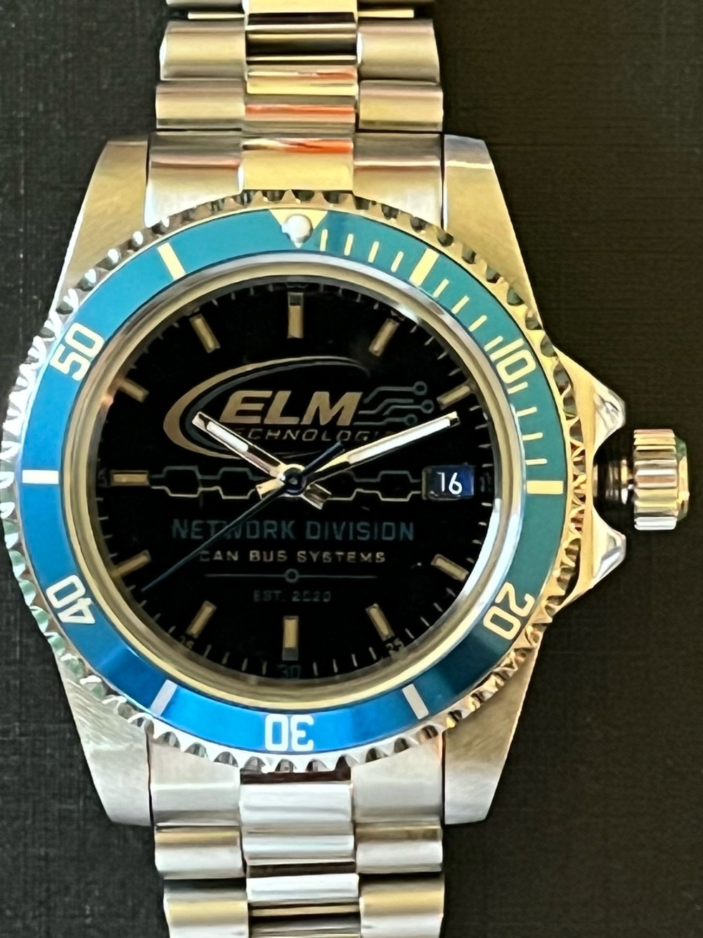 Men’s Watch ELM Technologies Blue Bezel Dive Silver Stainless Steel Link